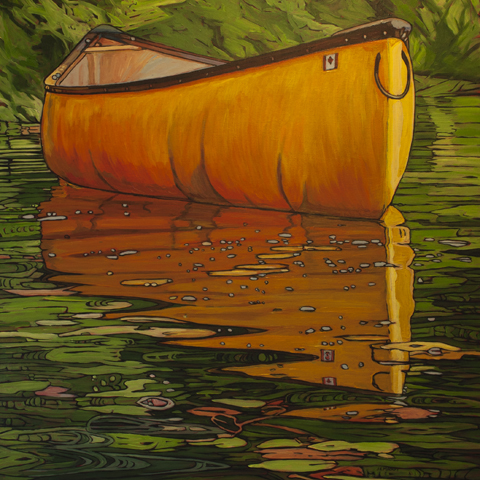 Yellow Canoe reflected in lush green waters