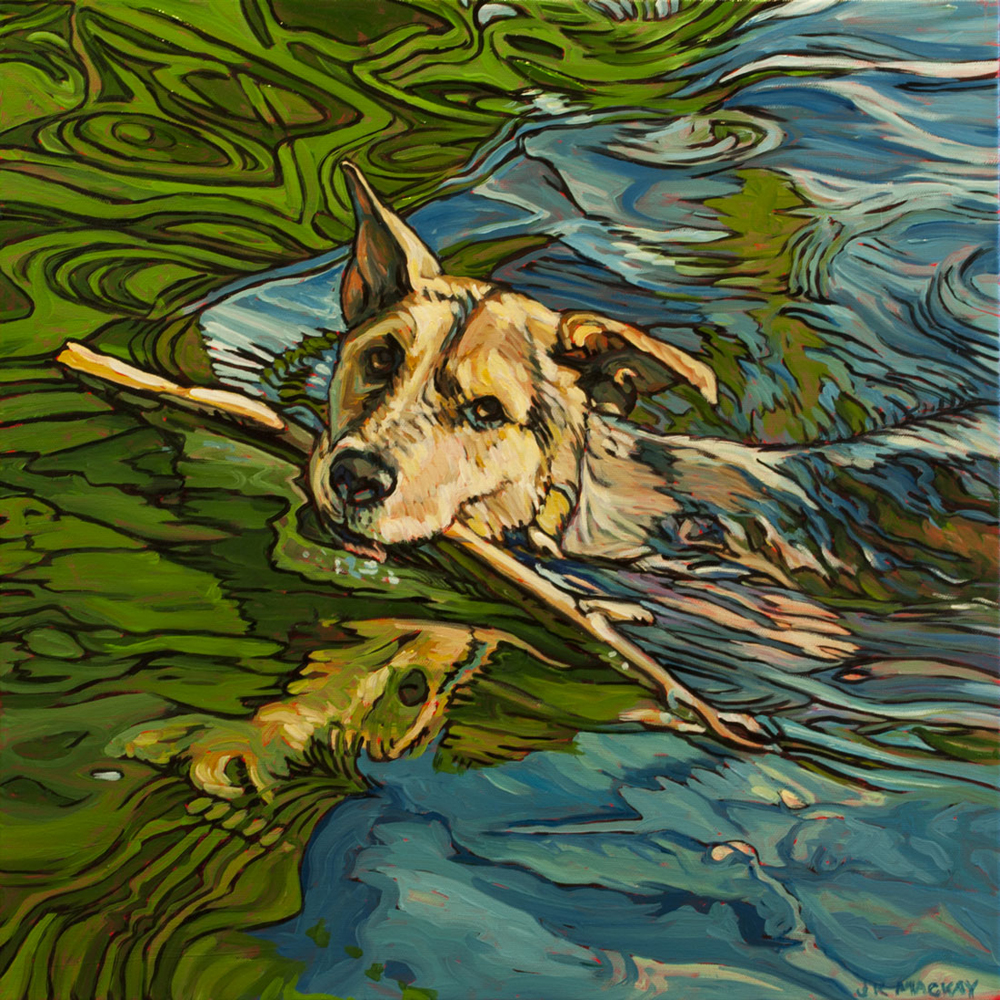 Oil painting of dog swimming