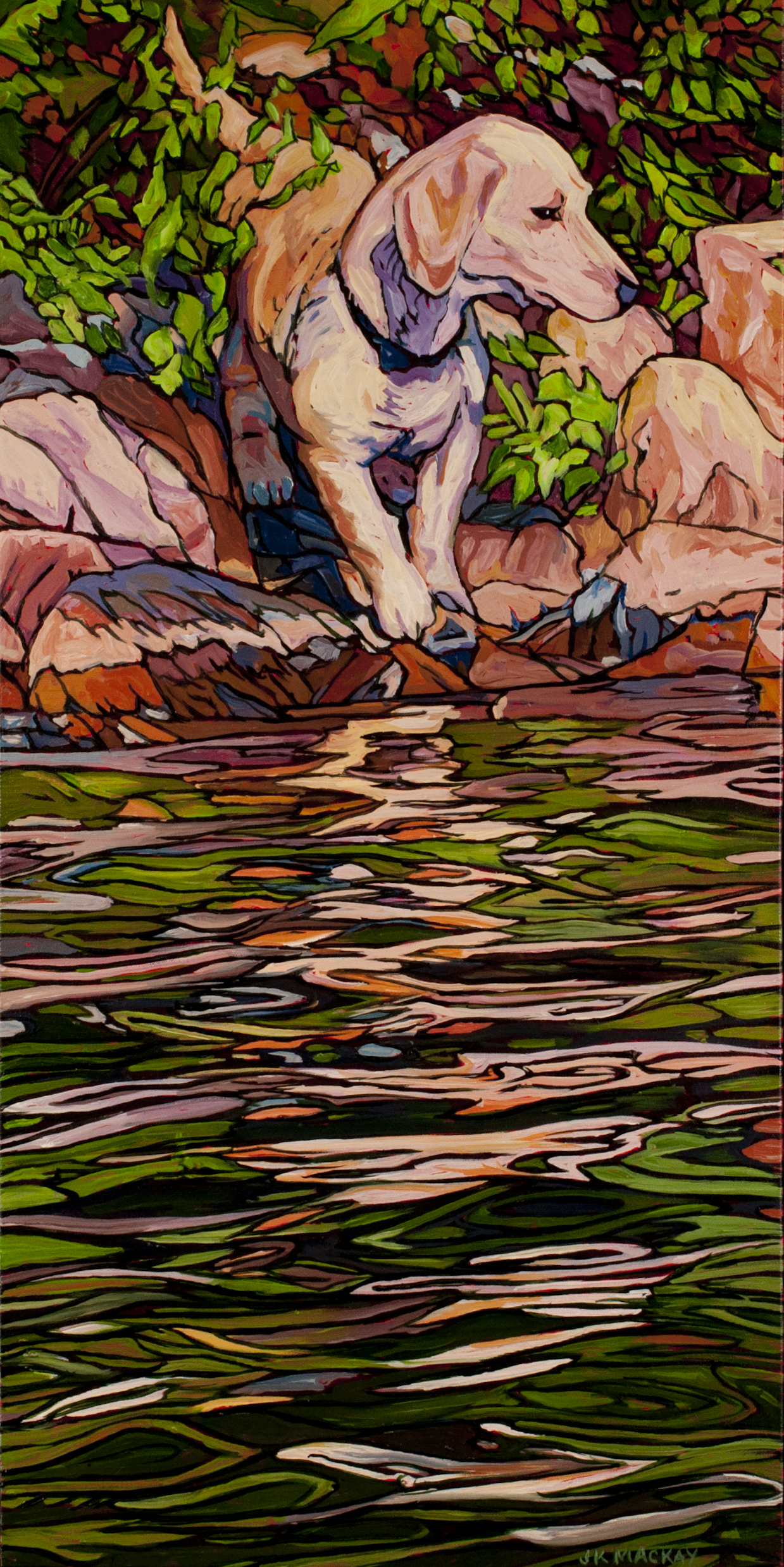 Oil painting of dog and its reflection