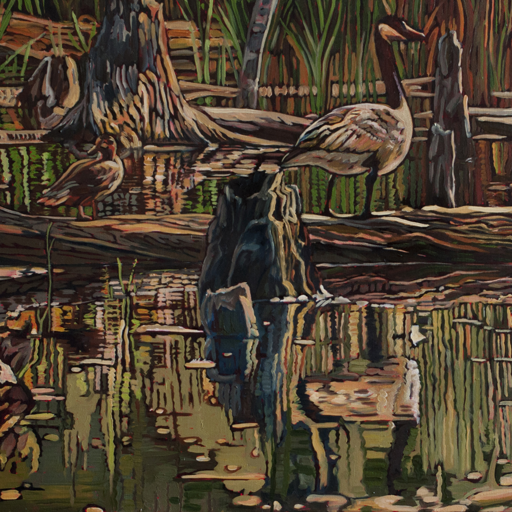 Oil painting of two geese and a duck