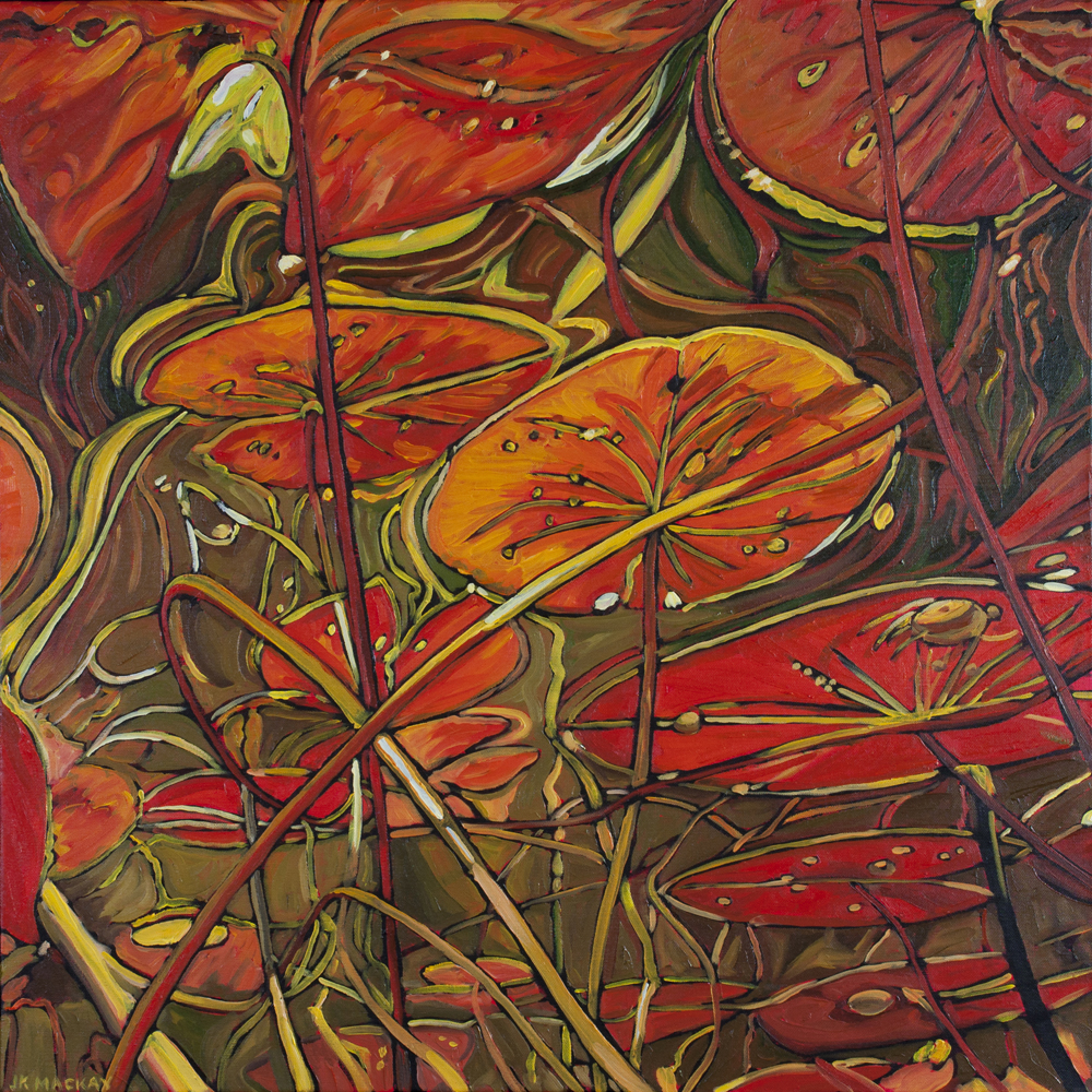 Oil painting of lily pads from under the the water